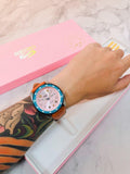 Chopper Men's and women's all-purpose quartz watch, stainless steel case, mechanical movement, leather strap, pink dial, 100 meter waterproof watch, second hand light up, easy to read dial watch